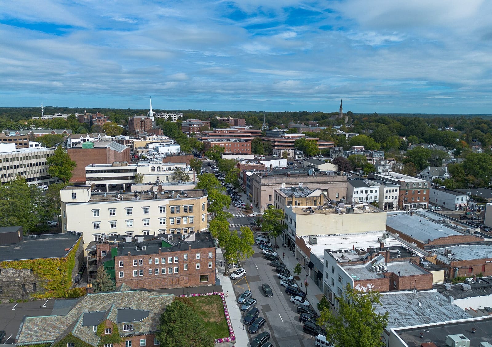 Aerial view of downtown Greenwich and Greenwich Avenue in Greenwich, Connecticut.