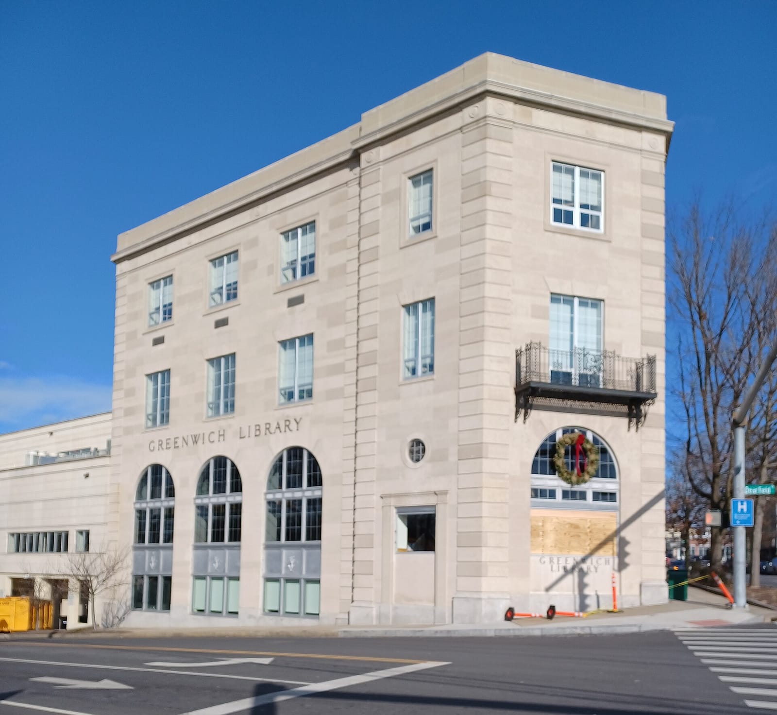 Exterior of the main Greenwich Library building in downtown Greenwich, Connecticut.